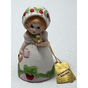 Jasco Strawberry Patches Bisque Porcelain Girl Figurine Bell W/ Tag Vintage 1980